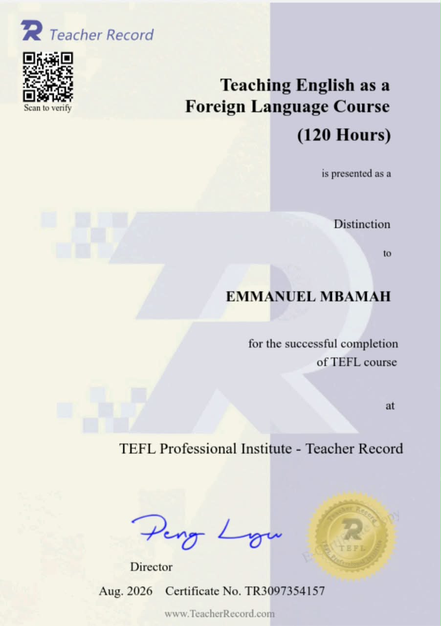 Teacher Record certificate for Emmanuel Mbamah, Teaching English as a Foreign Language course, 120 hours, distinction